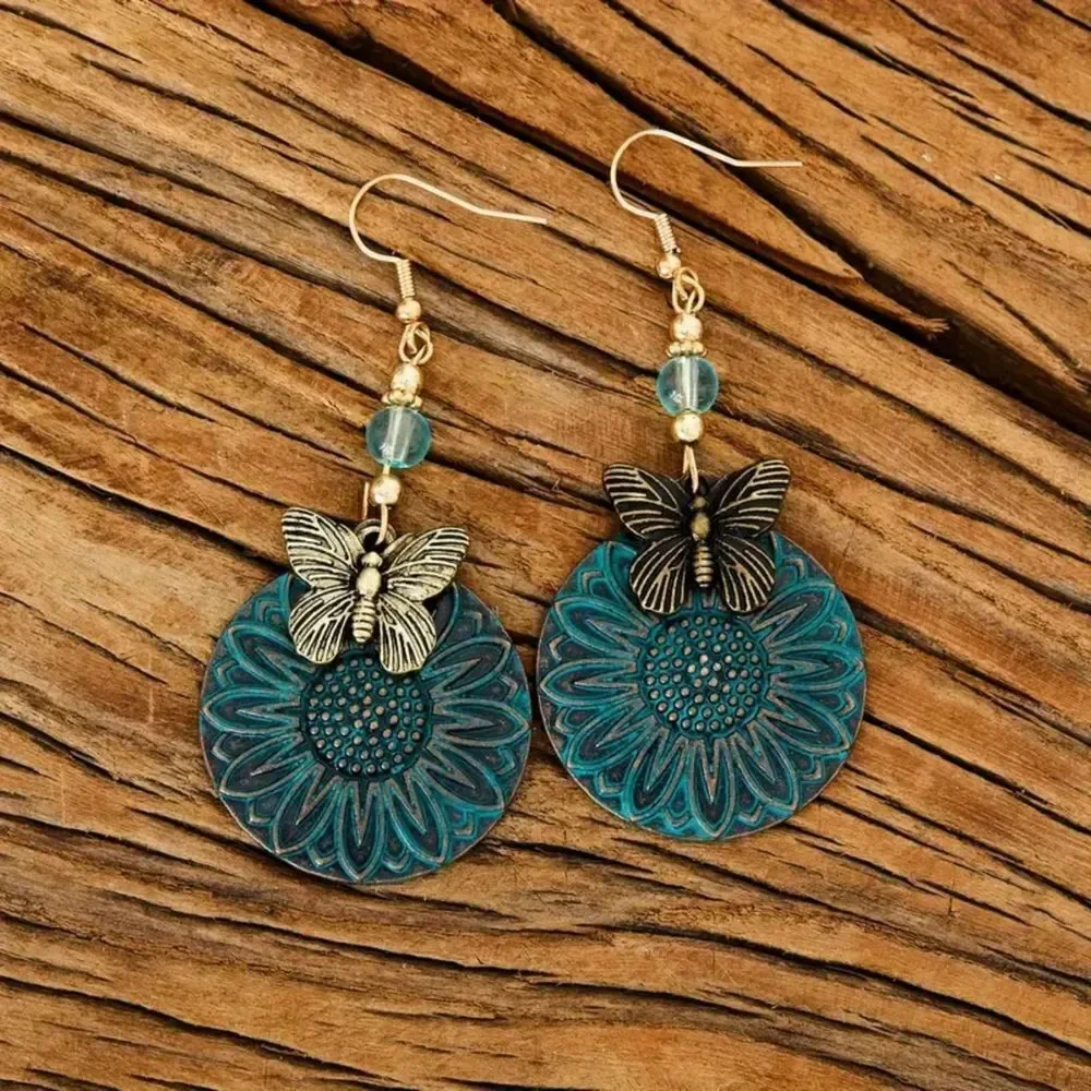 New - Bohemian Round Blue Sunflower and Butterfly Drop Earrings